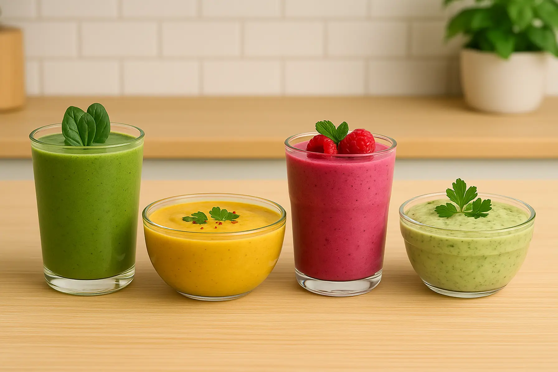 Forskellige blenderretter som smoothie, suppe og dip i skåle og glas i et lyst køkken