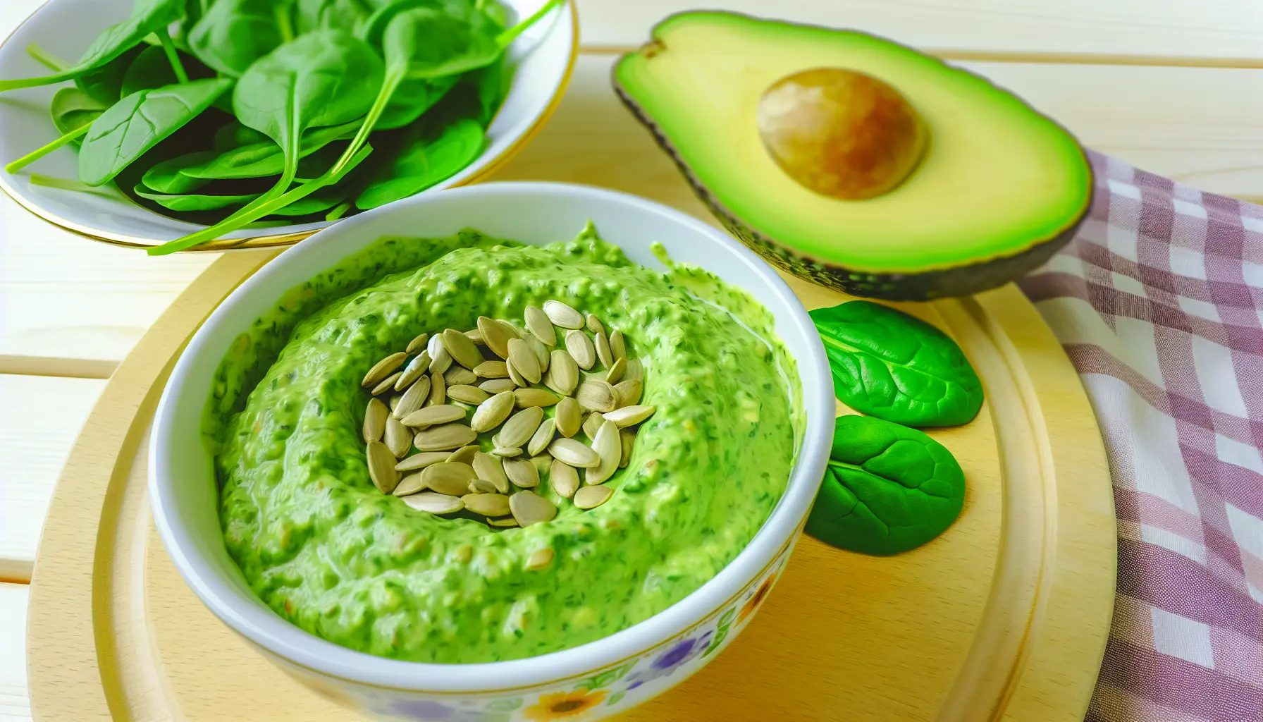 Avocado- og spinatdip med ristede solsikkekerner