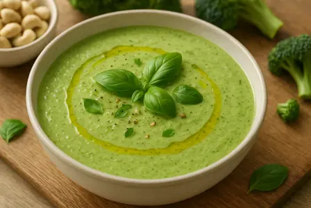 Cremet broccolisuppe med cashew og basilikum