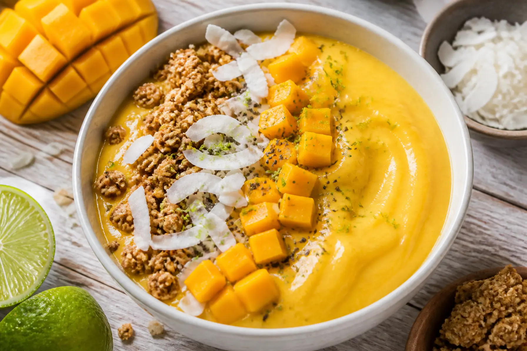 Cremet mangosmoothie bowl med kokos og lime