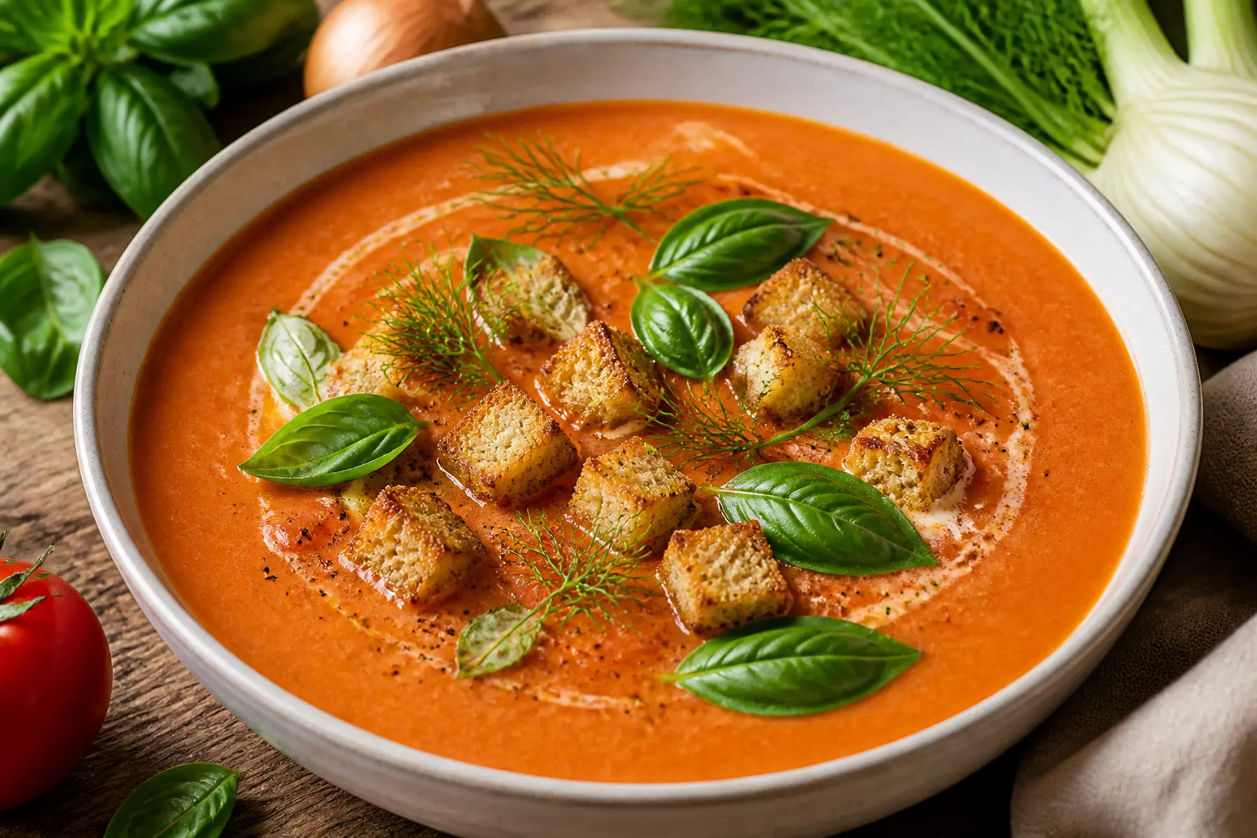 Cremet tomatsuppe med fennikel og basilikum