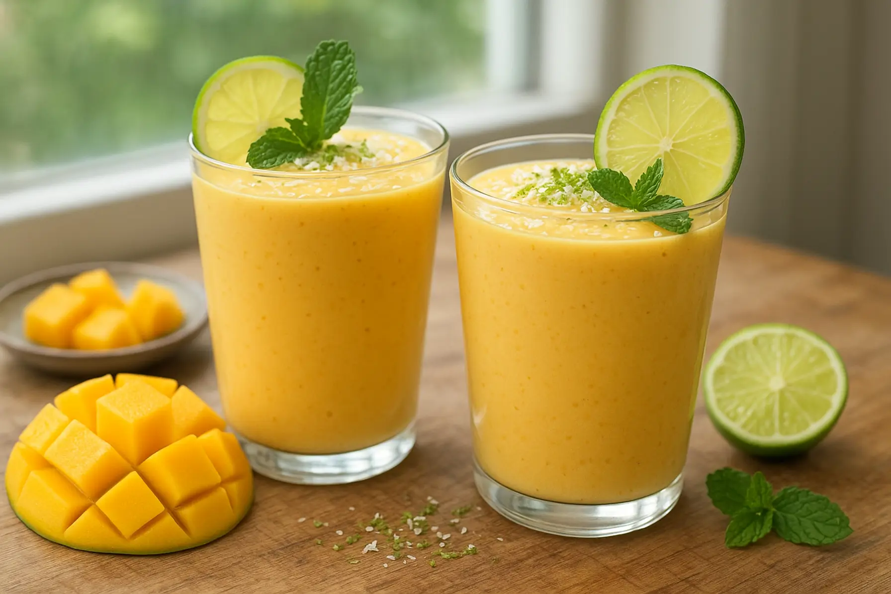 Festlig mangodrik med kokos og lime