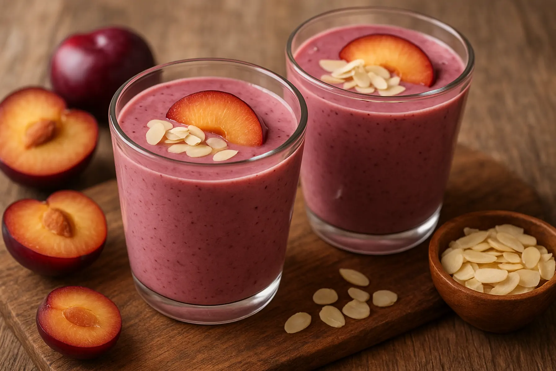 Frisk blomme- og mandelsmoothie