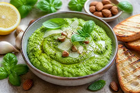 Frisk grøn ærtepesto med parmesan