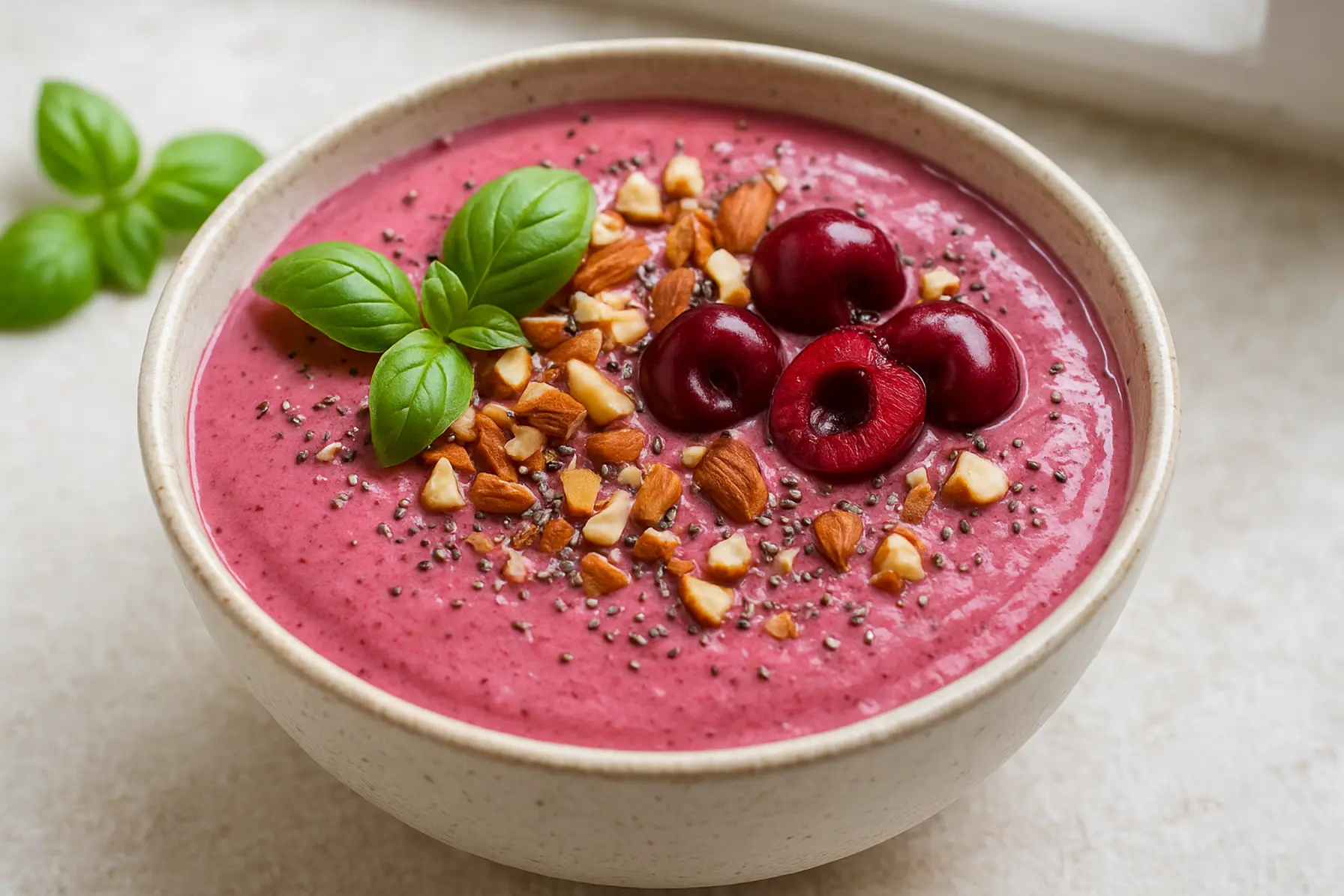 Frisk kirsebærsmoothiebowl med mandler og basilikum