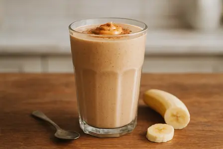 Hurtig kornsmoothie med kanel og peanutcreme