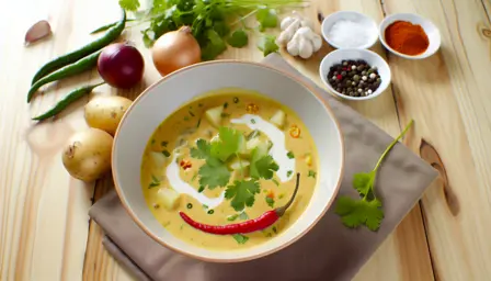 Karry- og kokosnøddesuppe i skål med koriander