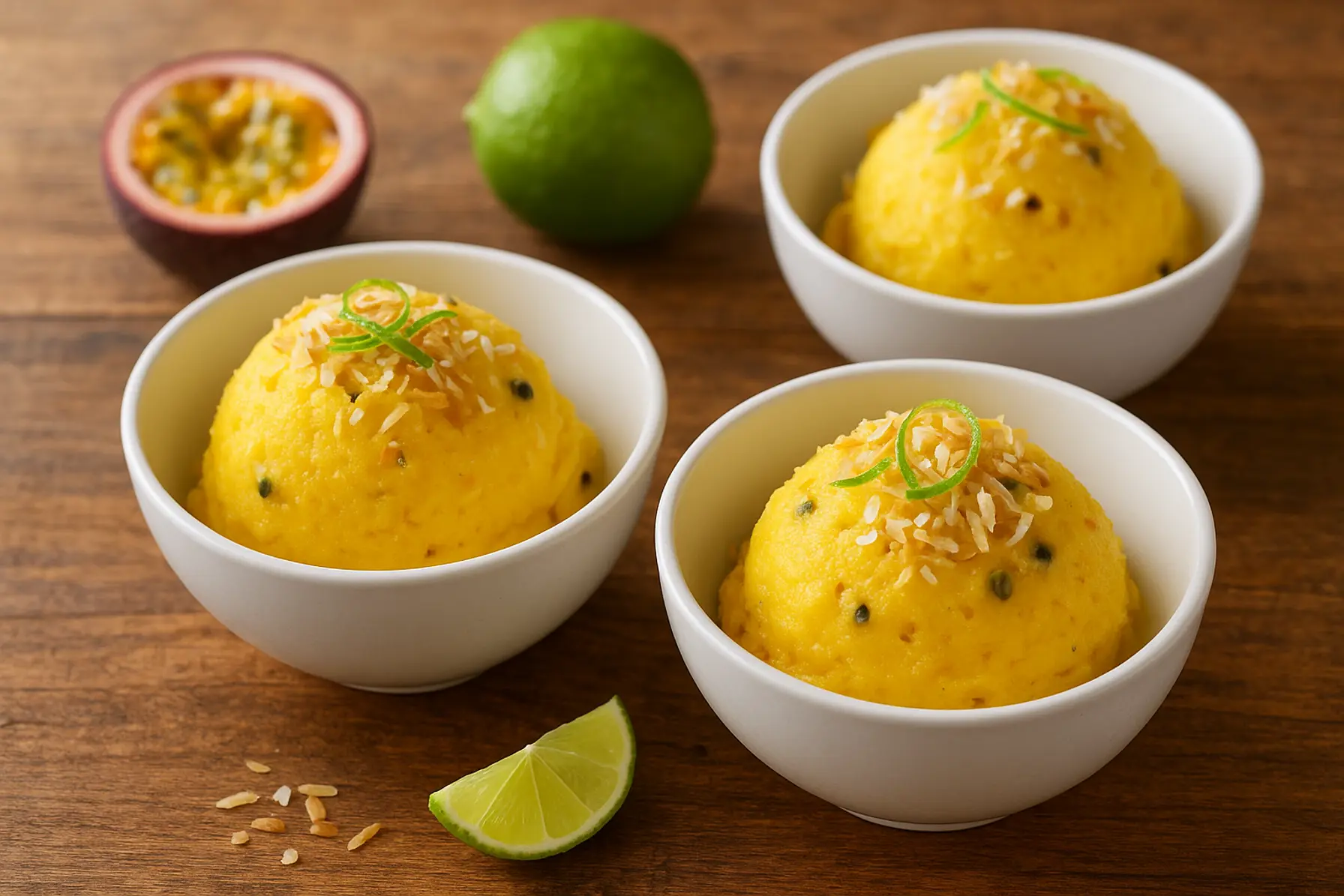 Kold passionsfrugtsorbet med kokos
