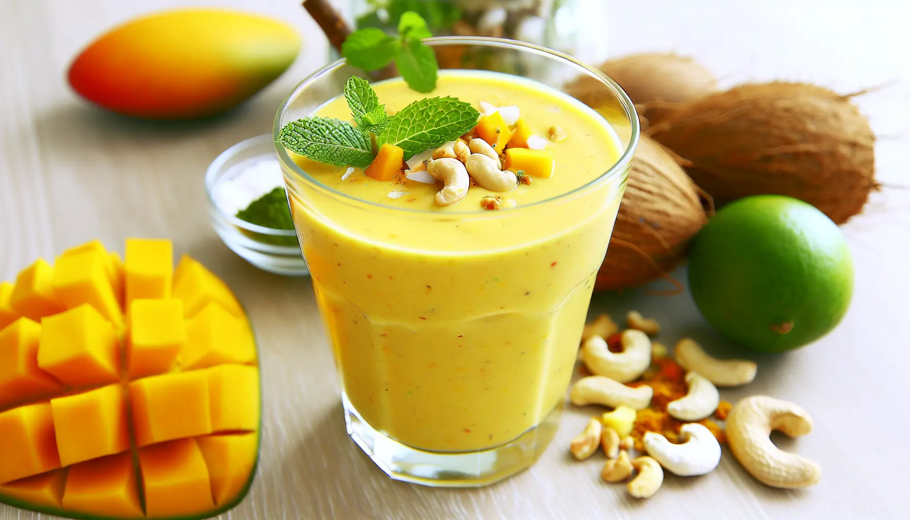 Krydret mango- og cashewblend med kokosvand og mynte