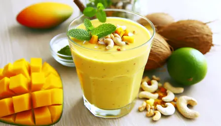 Krydret mango- og cashewblend med kokosvand og mynte