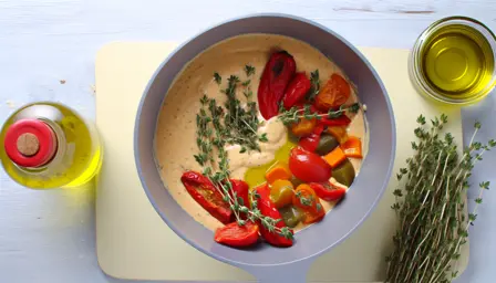 Mild tomat- og gulerodsblend med bagte peberfrugter
