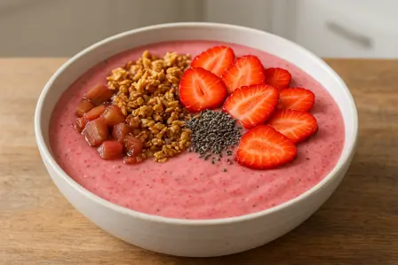 Rabarber og jordbær smoothie bowl