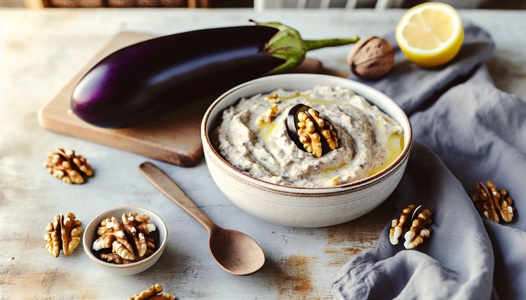 Ristet aubergine- og valnøddedip