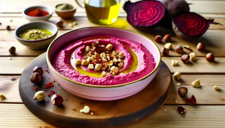 Rødbedekrydret hummus med ristede hasselnødder