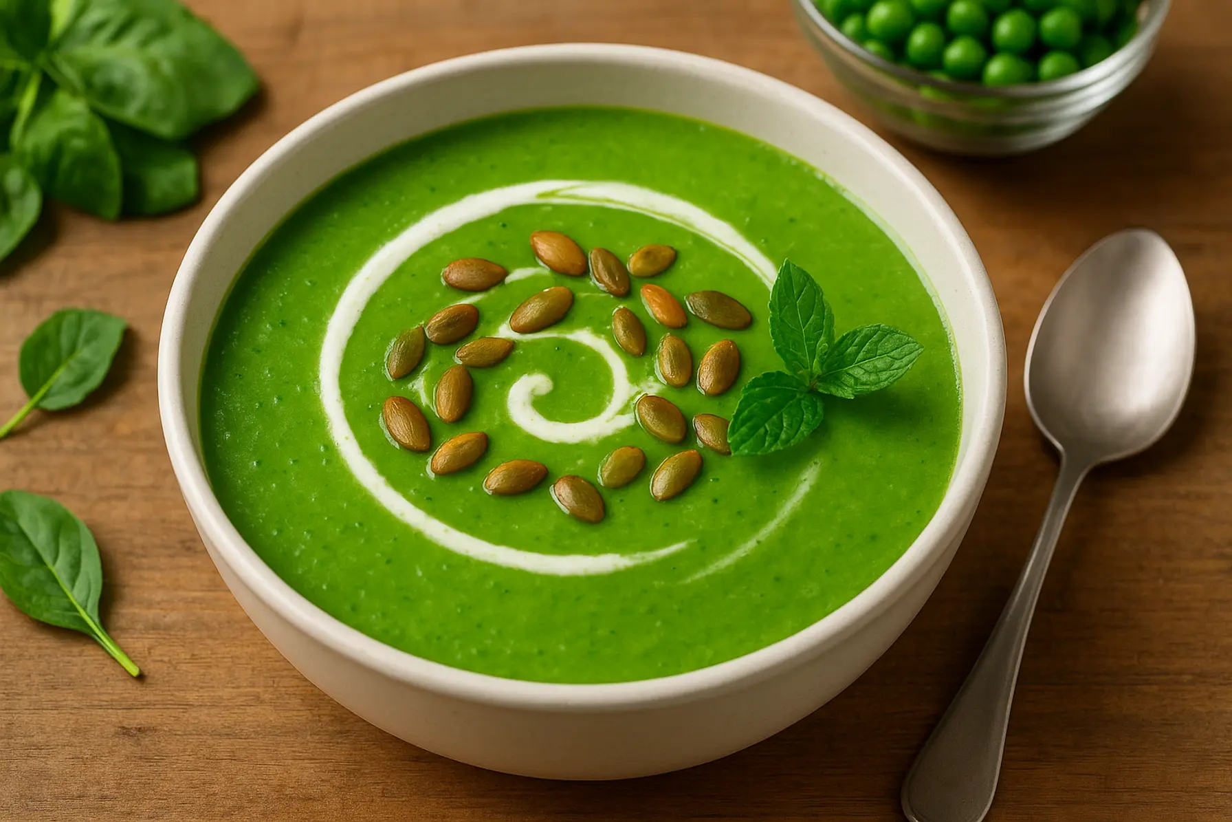 Silkeagtig ærte- og spinatsuppe