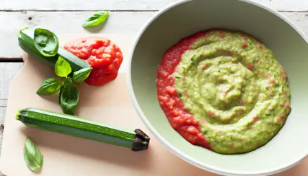 Silketomat- og courgettecoulis i hvid skål