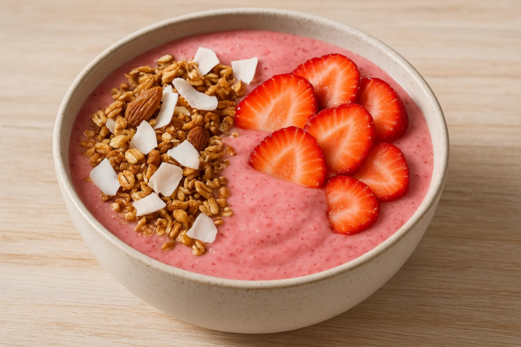 Syrlig jordbærsmoothiebowl med kokos