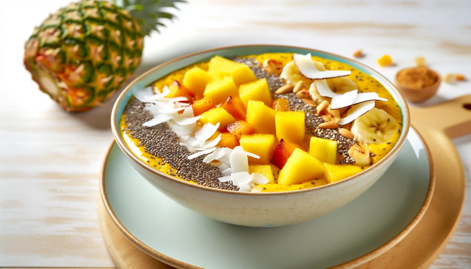 Tropisk ananas- og mango smoothie bowl