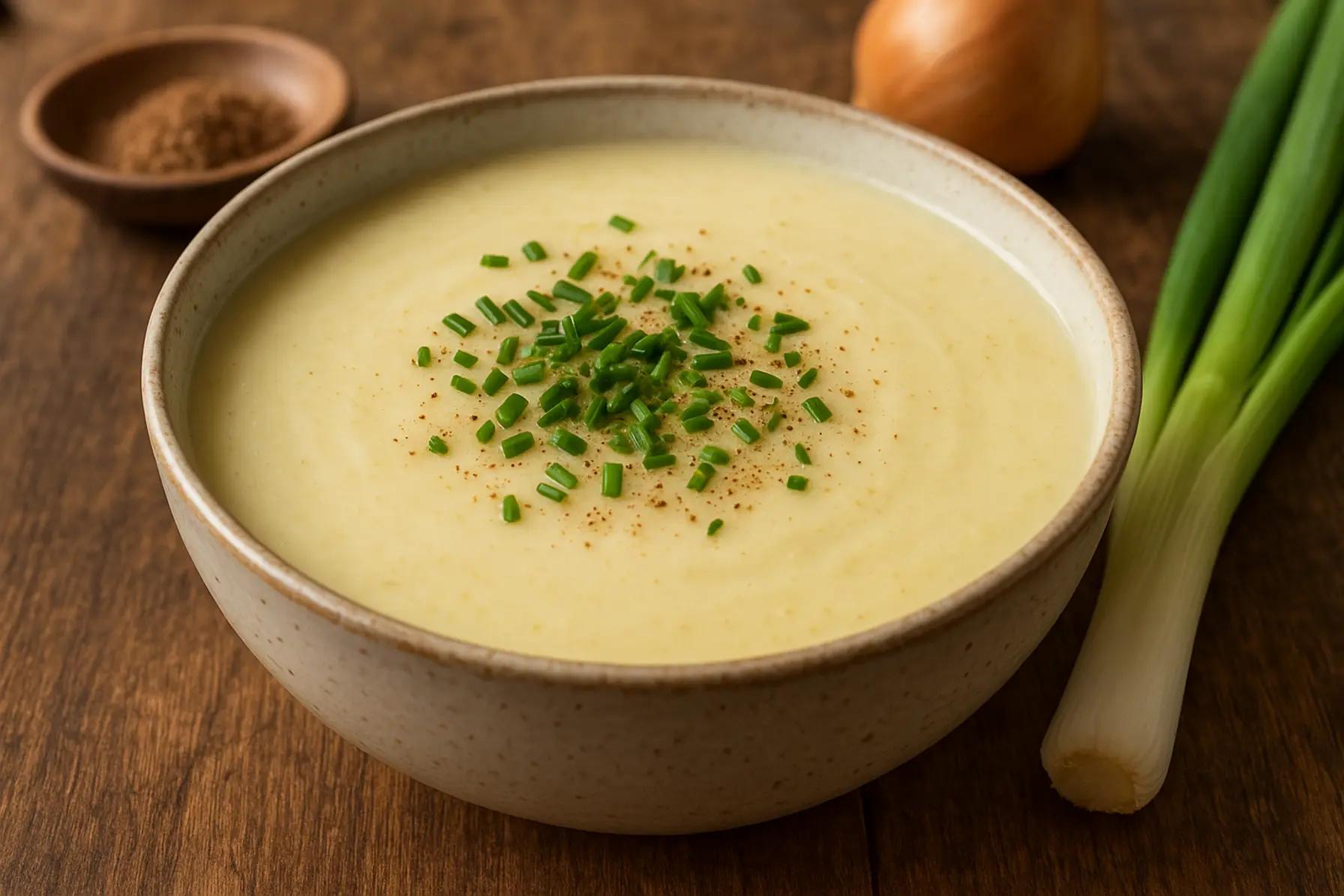 Varm porre- og kartoffelsuppe med muskat